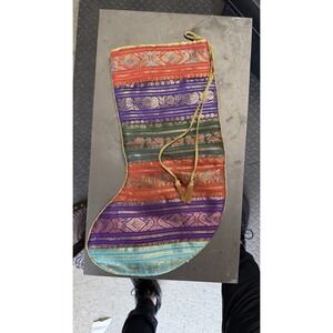 Sudha Silk Christmas Stocking Peacock Woven India Red Lined Holiday Decor